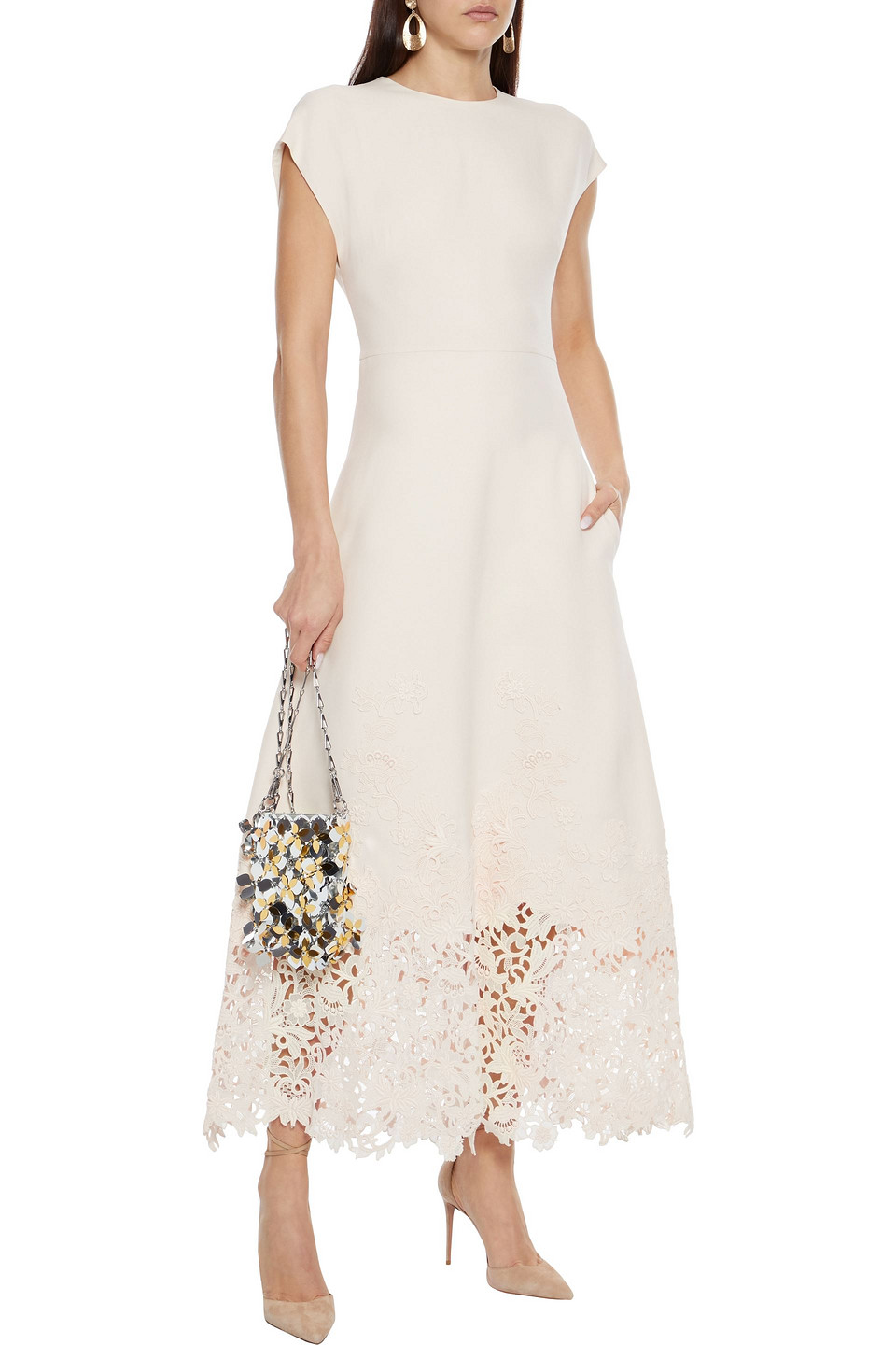 Valentino Lace-paneled Wool And Silk-blend Crepe Maxi Dress In Cream