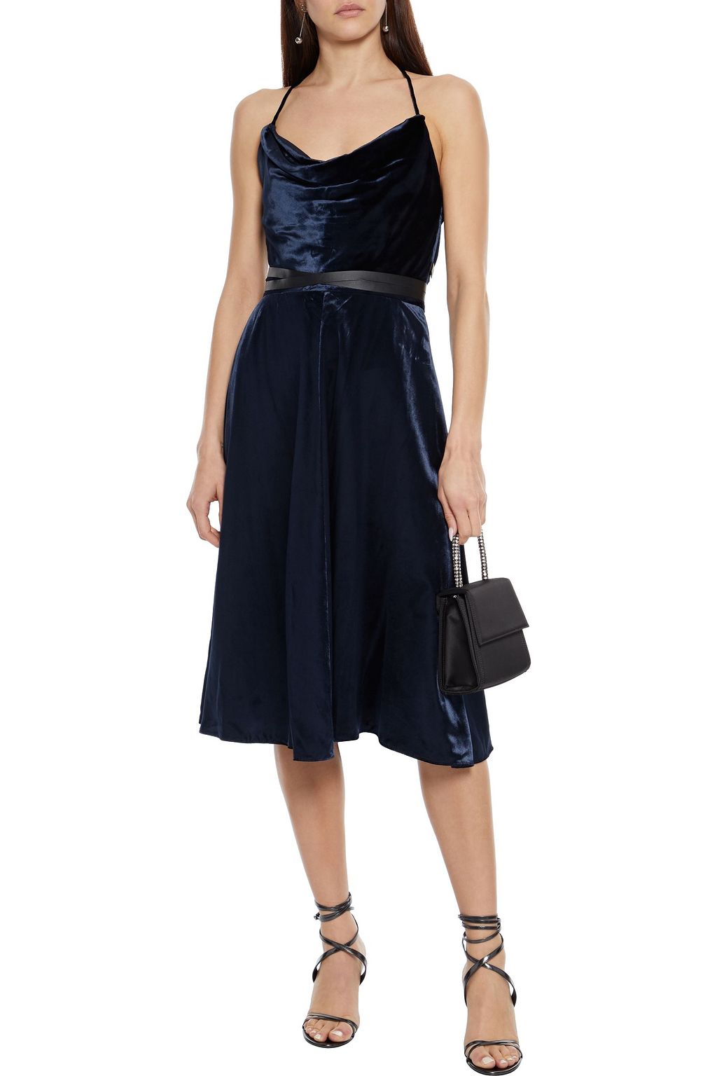 VALENTINO GARAVANI Leather-trimmed draped velvet dress