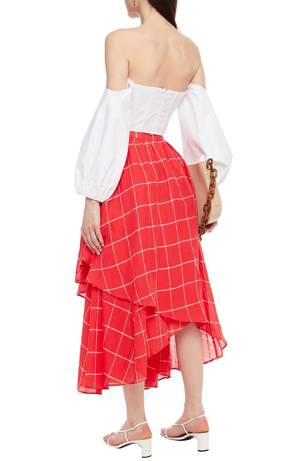 MARA HOFFMAN Akila wrap-effect checked linen and Tencel-blend midi skirt
