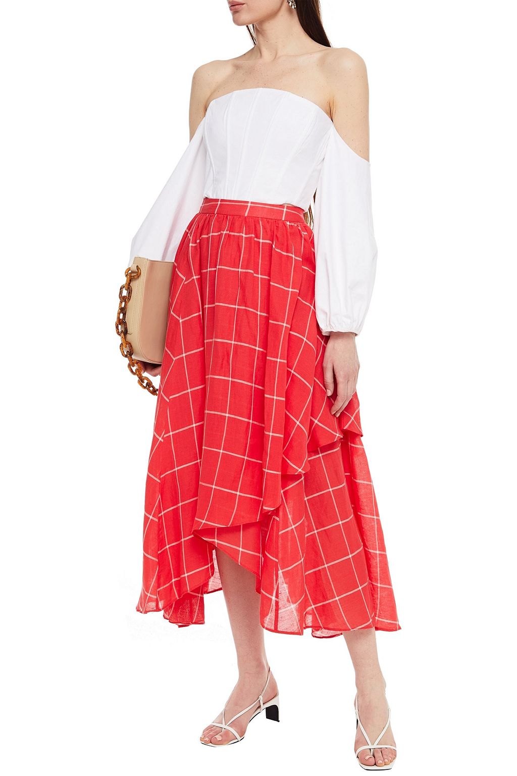 MARA HOFFMAN Akila wrap-effect checked linen and Tencel-blend midi skirt