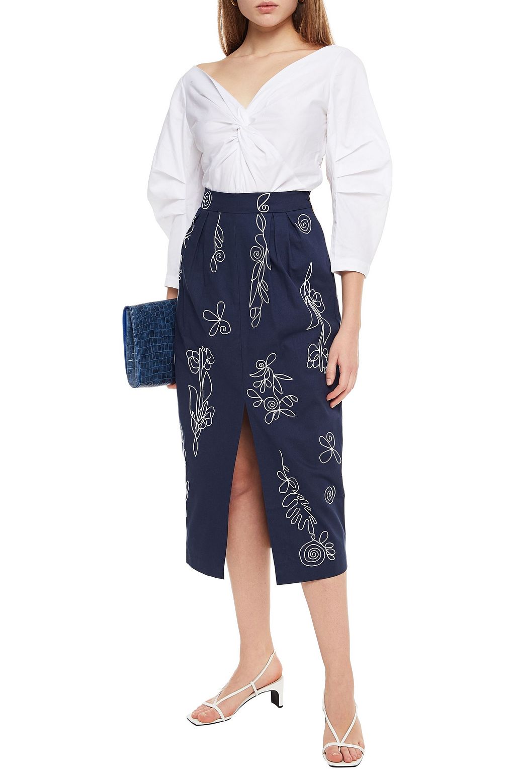 MARA HOFFMAN Florence embroidered organic cotton-canvas midi pencil skirt