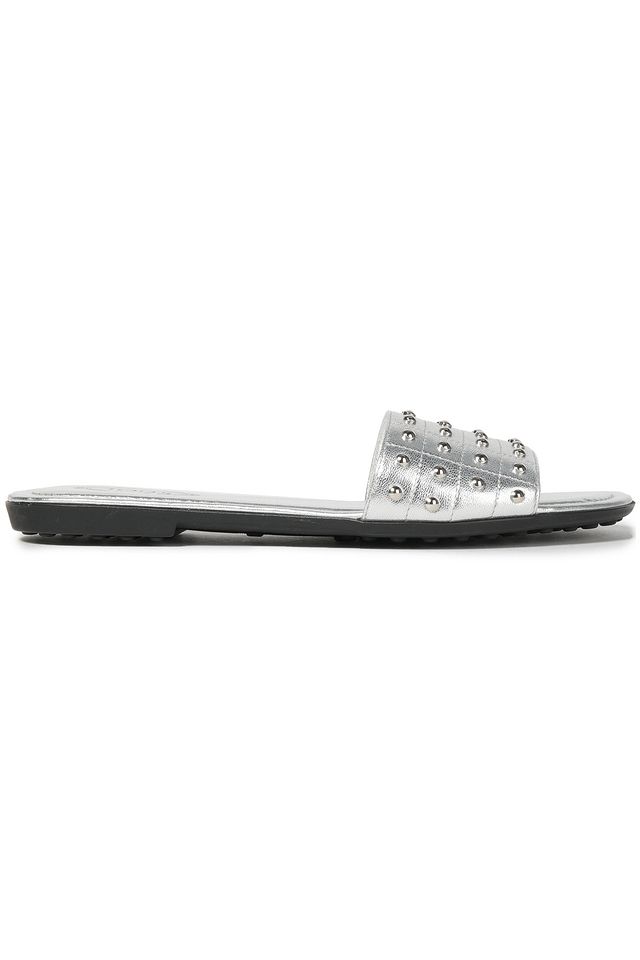 Studded quilted metallic leather slides