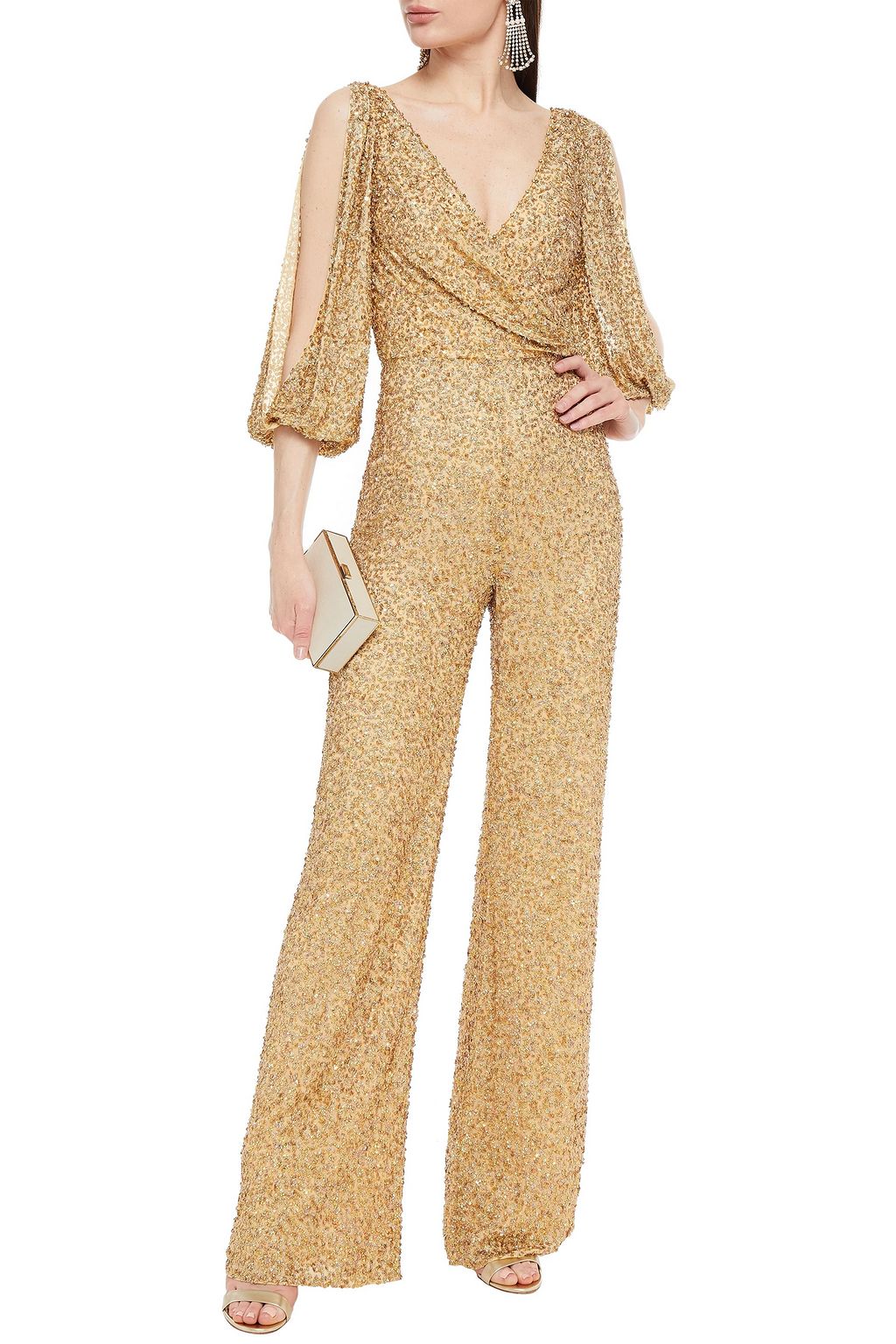 JENNY PACKHAM Draped embellished georgette wide-leg jumpsuit