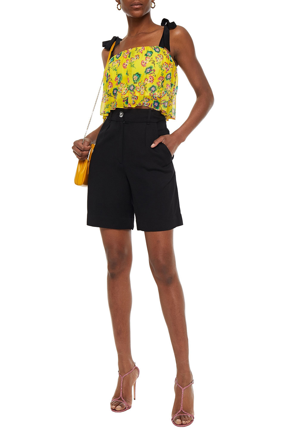 Saloni Jemi Cropped Tie-detailed Floral-print Silk-georgette And Jersey Top In Yellow