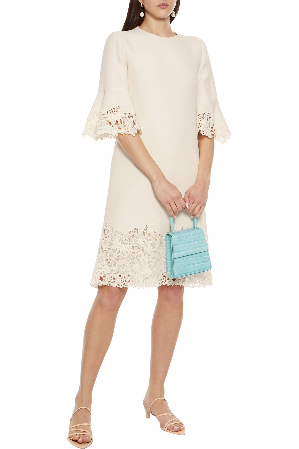 Valentino Guipure Lace-paneled Wool And Silk-blend Crepe Dress In Cream