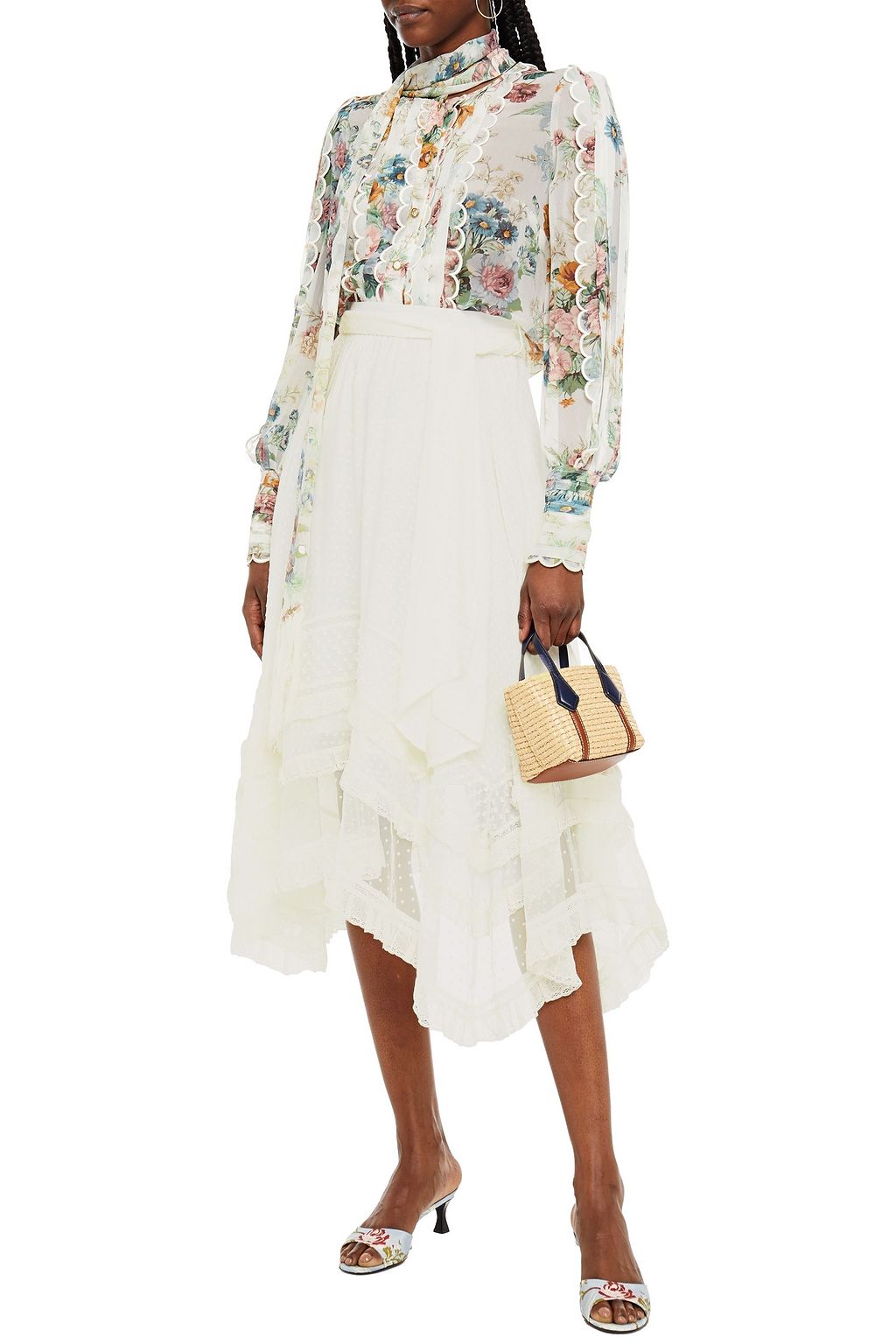 ZIMMERMANN Brightside point d'esprit-trimmed fil coupé silk and cotton-blend midi skirt