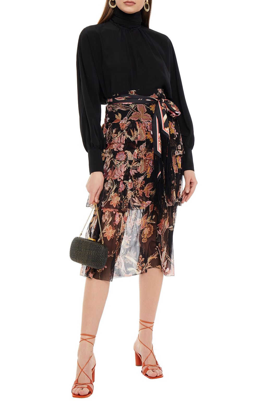 ZIMMERMANN Wavelength tiered belted floral-print silk-georgette midi skirt