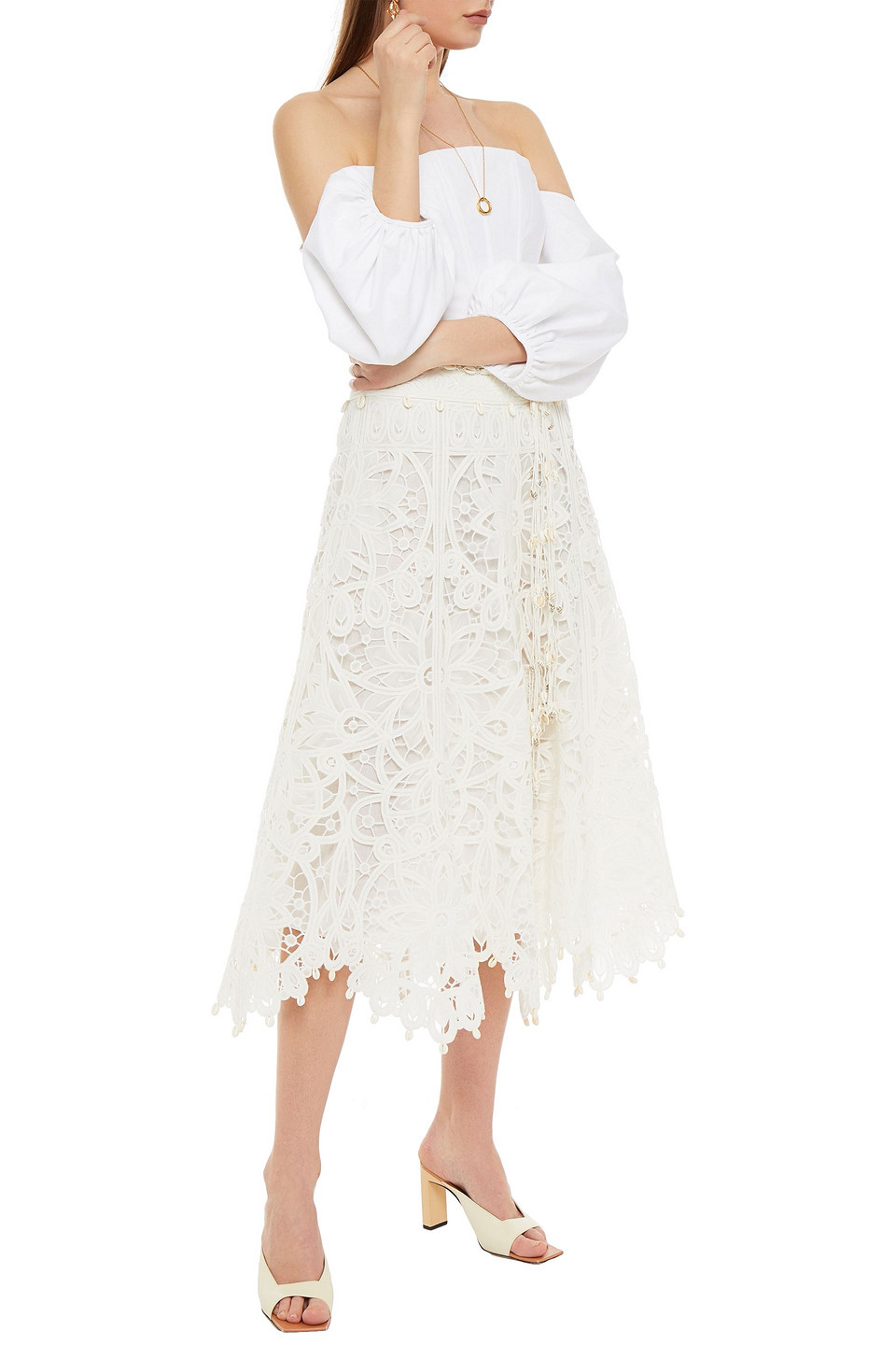 Click to view more detailed imagery on our partner's website Zimmermann Wavelength Tape Belted Silk Macramé Lace Midi Skirt In Off-white