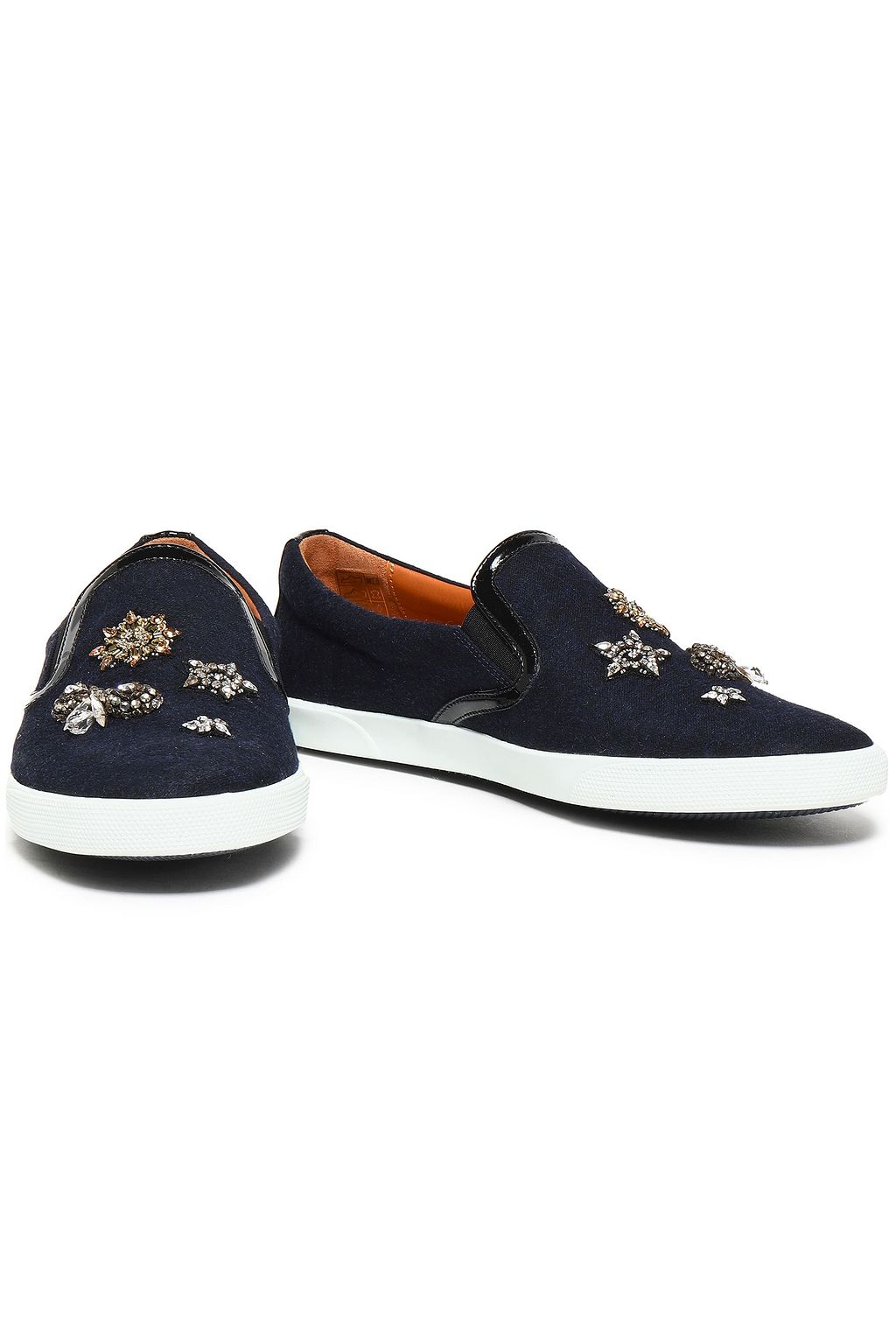 JIMMY CHOO Embellished patent leather-trimmed wool slip-on sneakers