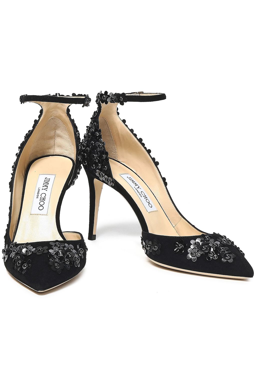 JIMMY CHOO Floral-appliquéd suede pumps