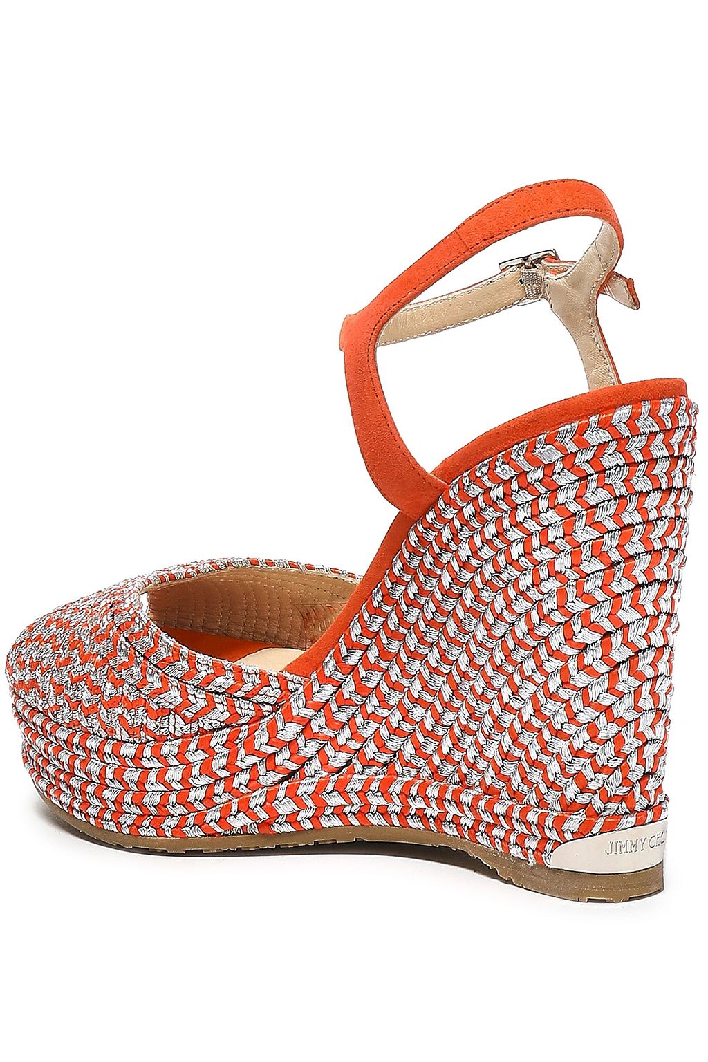 JIMMY CHOO Perla 120 suede and metallic woven wedge sandals