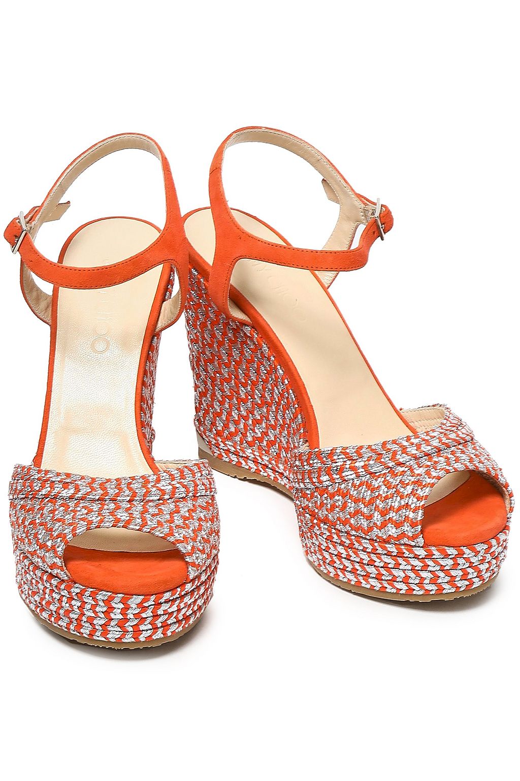 JIMMY CHOO Perla 120 suede and metallic woven wedge sandals