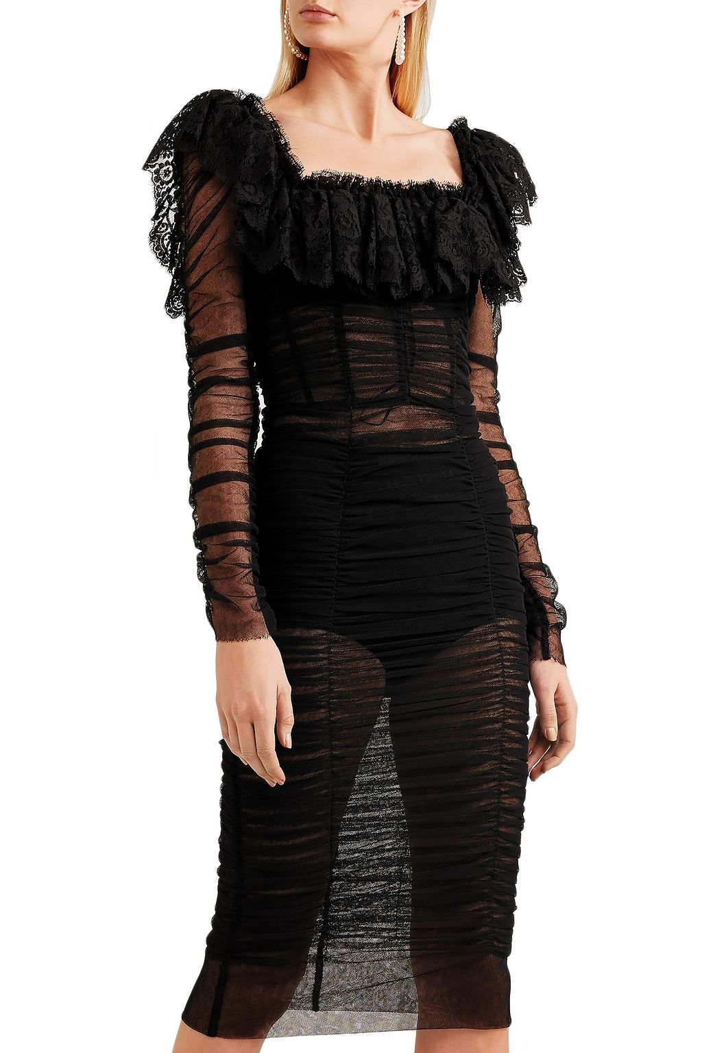 DOLCE&GABBANA Lace-trimmed ruched cotton-blend tulle dress