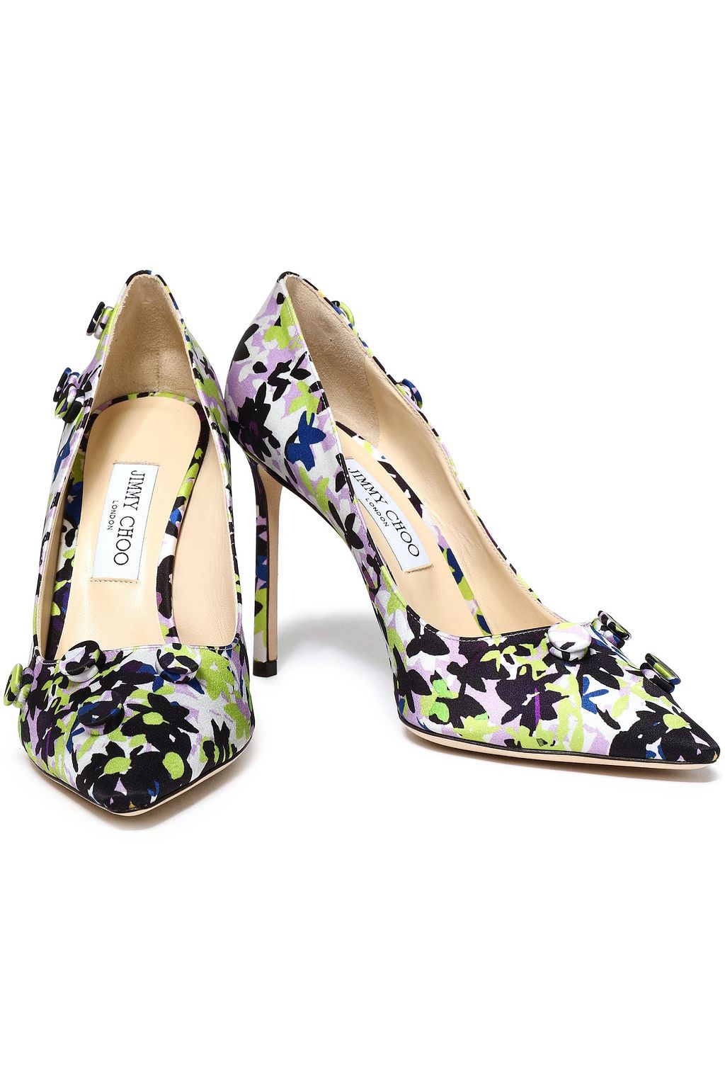 JIMMY CHOO Appliquéd printed satin pumps