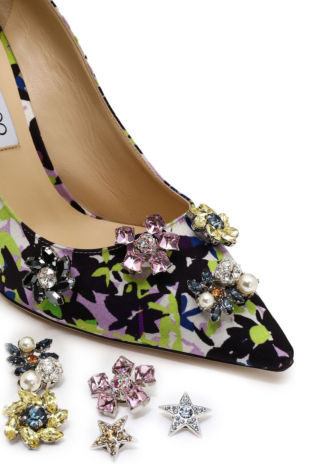 JIMMY CHOO Appliquéd printed satin pumps
