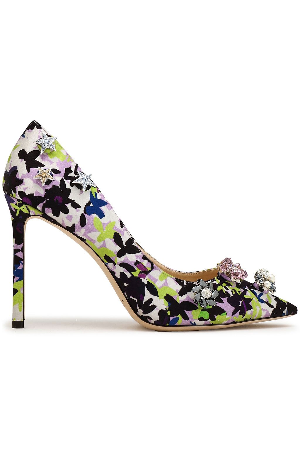 JIMMY CHOO Appliquéd printed satin pumps