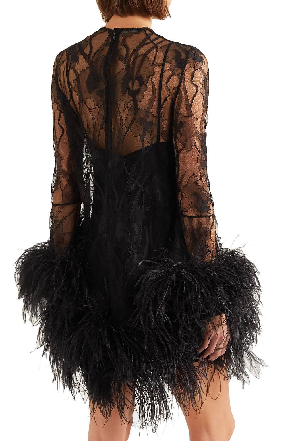 MCQUEEN Feather-trimmed lace mini dress