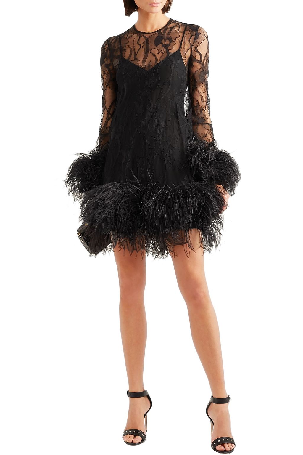 MCQUEEN Feather-trimmed lace mini dress