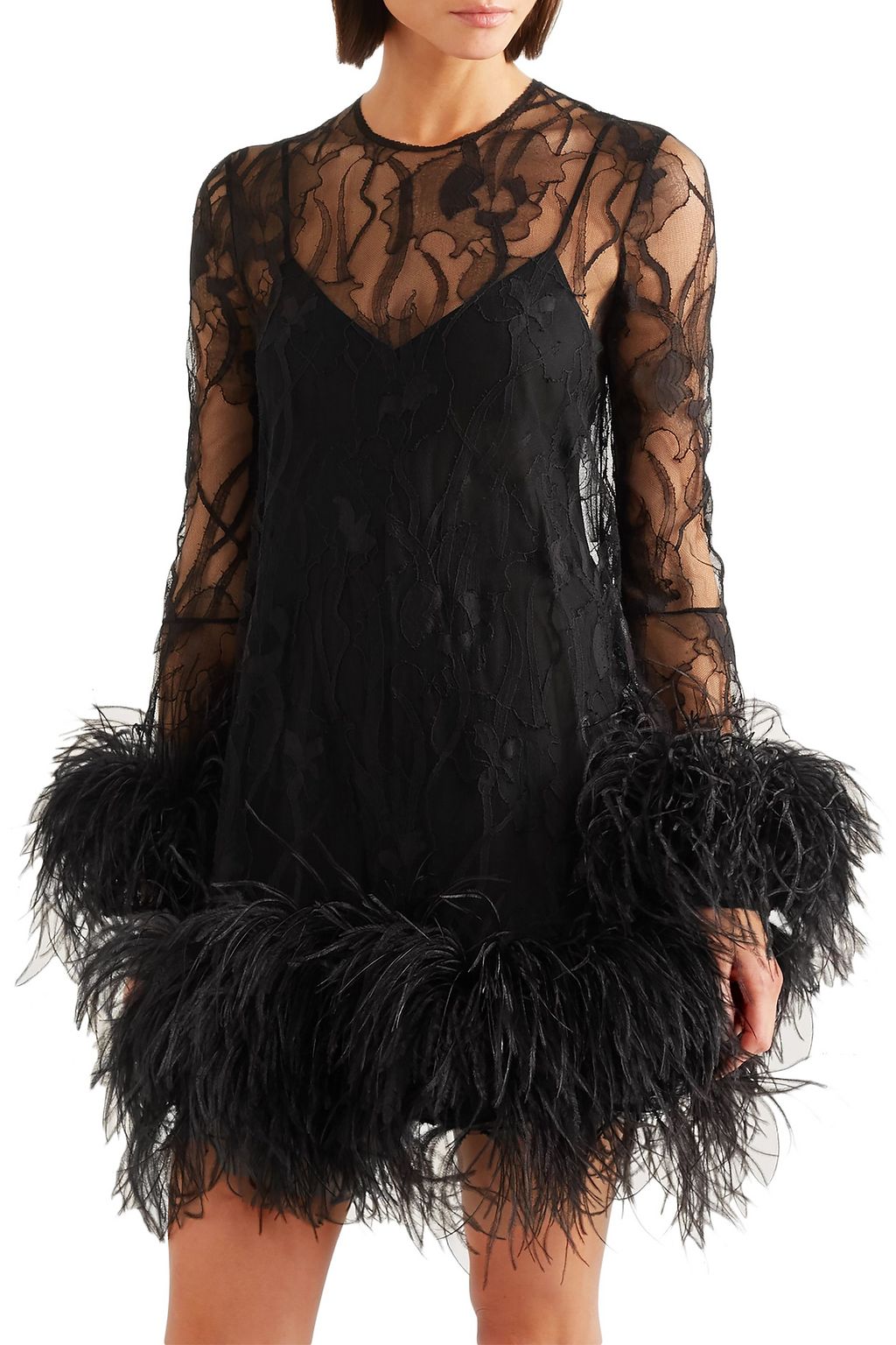 MCQUEEN Feather-trimmed lace mini dress