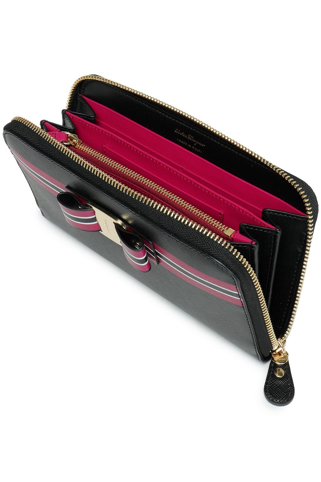 FERRAGAMO Bow-embellished striped leather wallet