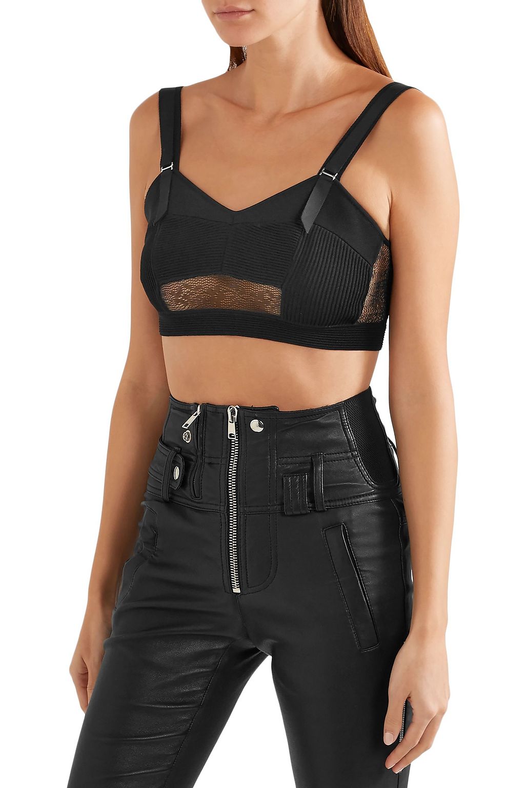 MCQUEEN Lace-paneled stretch-knit bra top