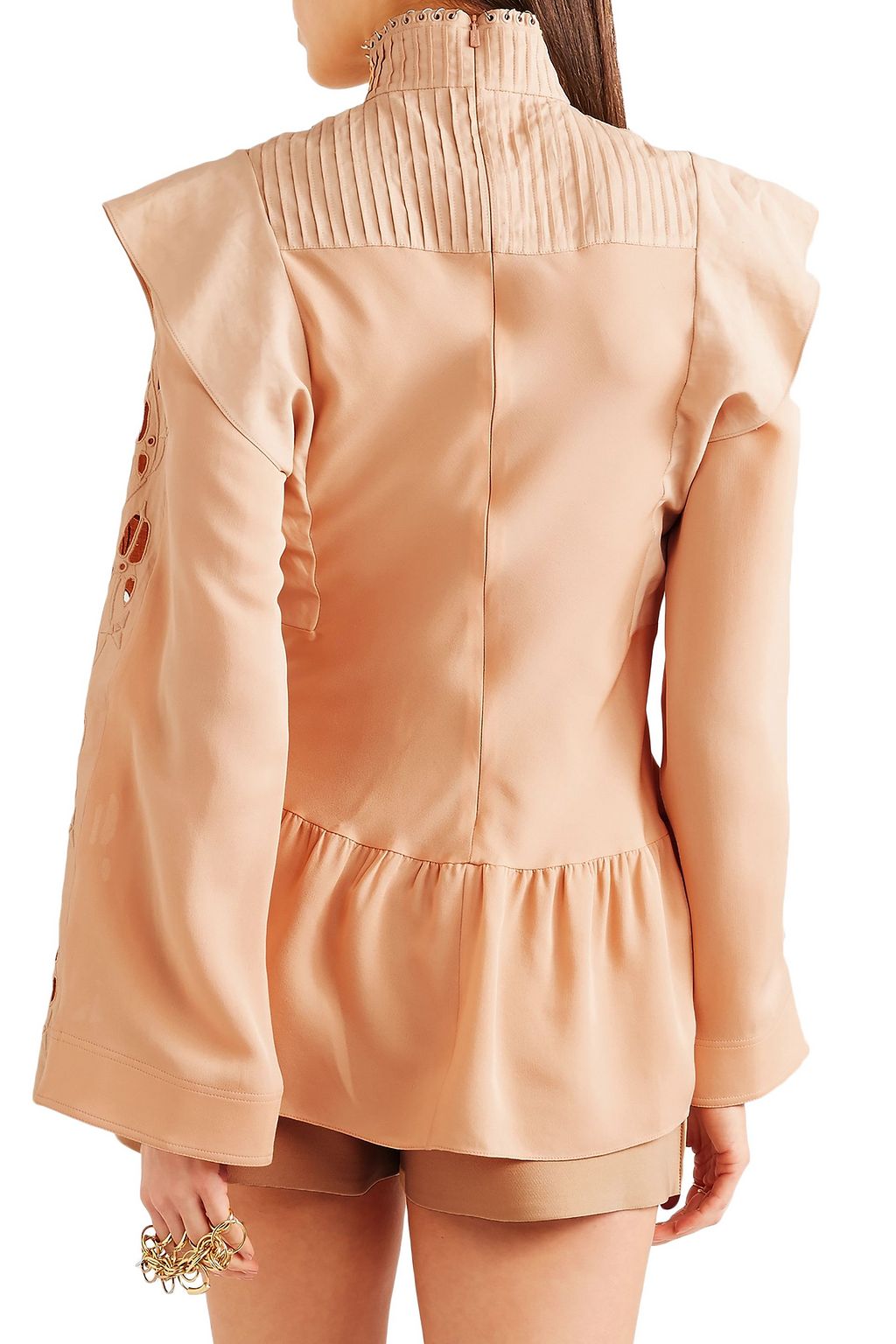 CHLOÉ Embellished broderie anglaise linen and cady turtleneck blouse
