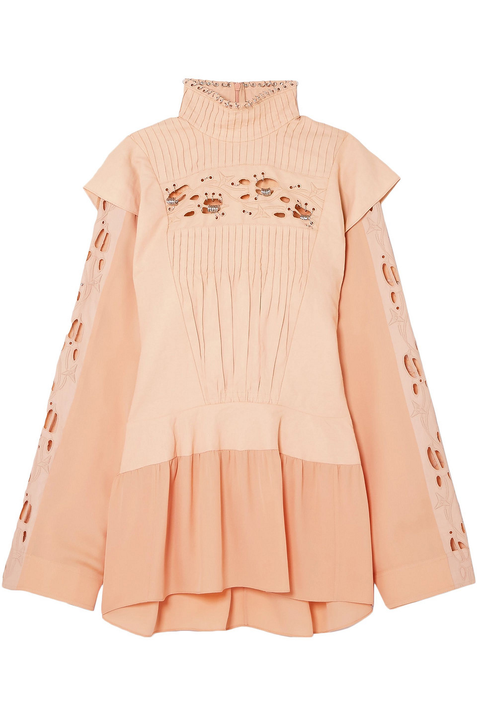 Chloé Embellished broderie anglaise linen and cady turtleneck blouse