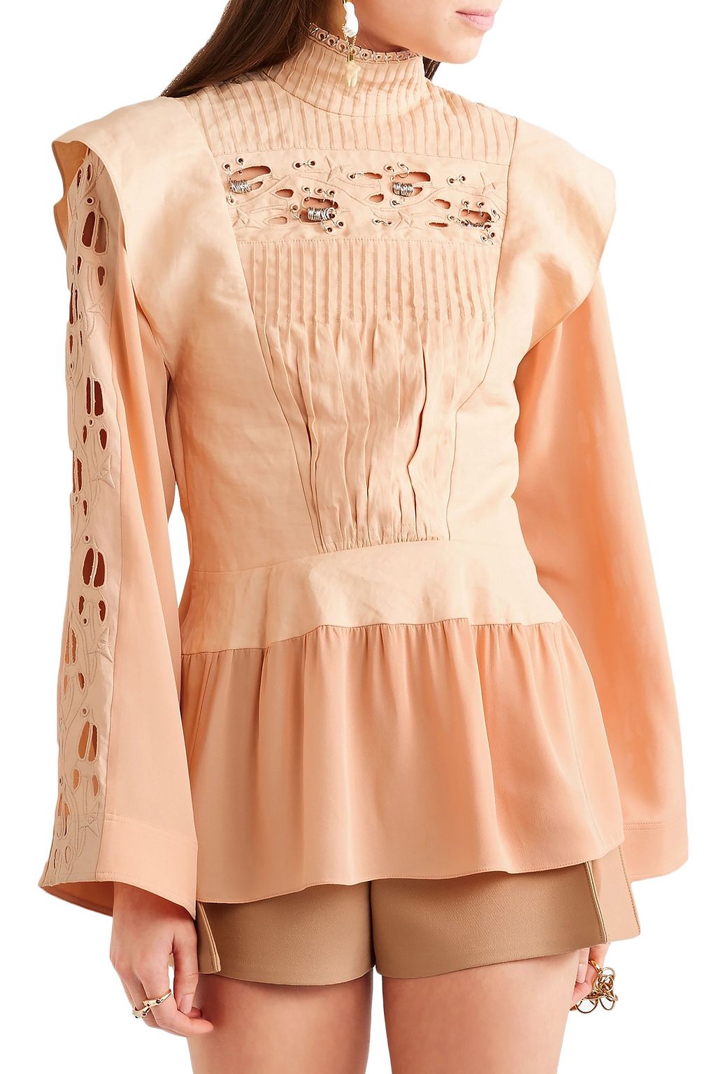CHLOÉ Embellished broderie anglaise linen and cady turtleneck blouse