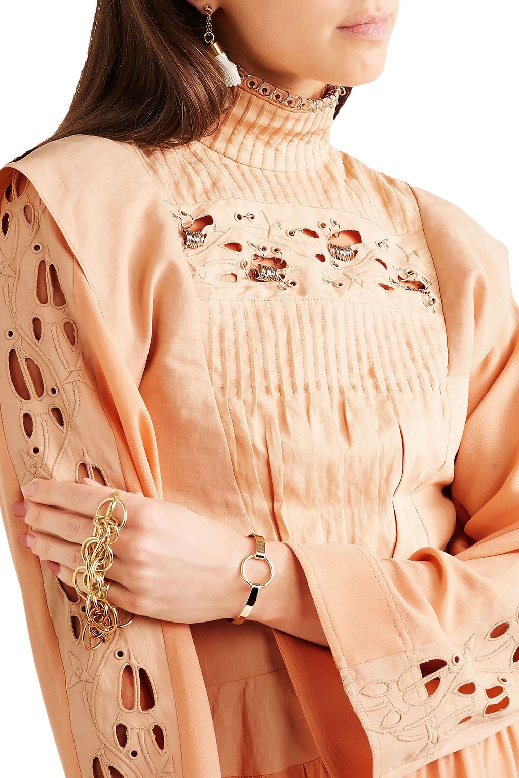 CHLOÉ Embellished broderie anglaise linen and cady turtleneck blouse