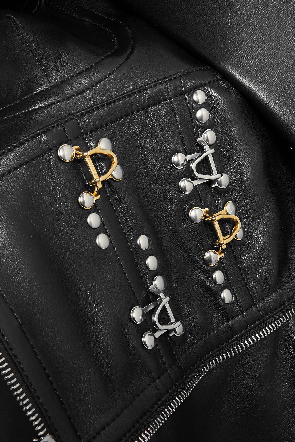 MCQUEEN Cold-shoulder embellished two-tone leather top