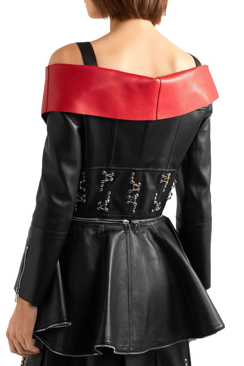 MCQUEEN Cold-shoulder embellished two-tone leather top