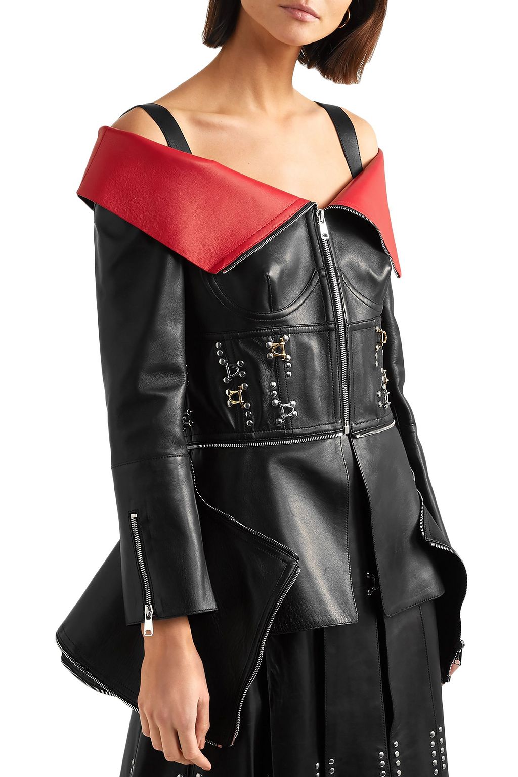 MCQUEEN Cold-shoulder embellished two-tone leather top