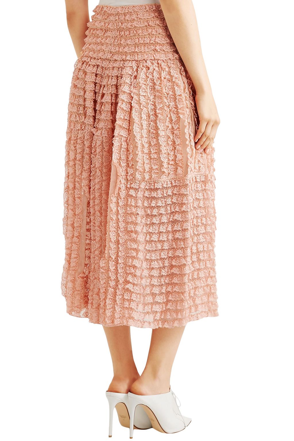 CHLOÉ Ruffled lace-appliquéd silk-organza midi skirt