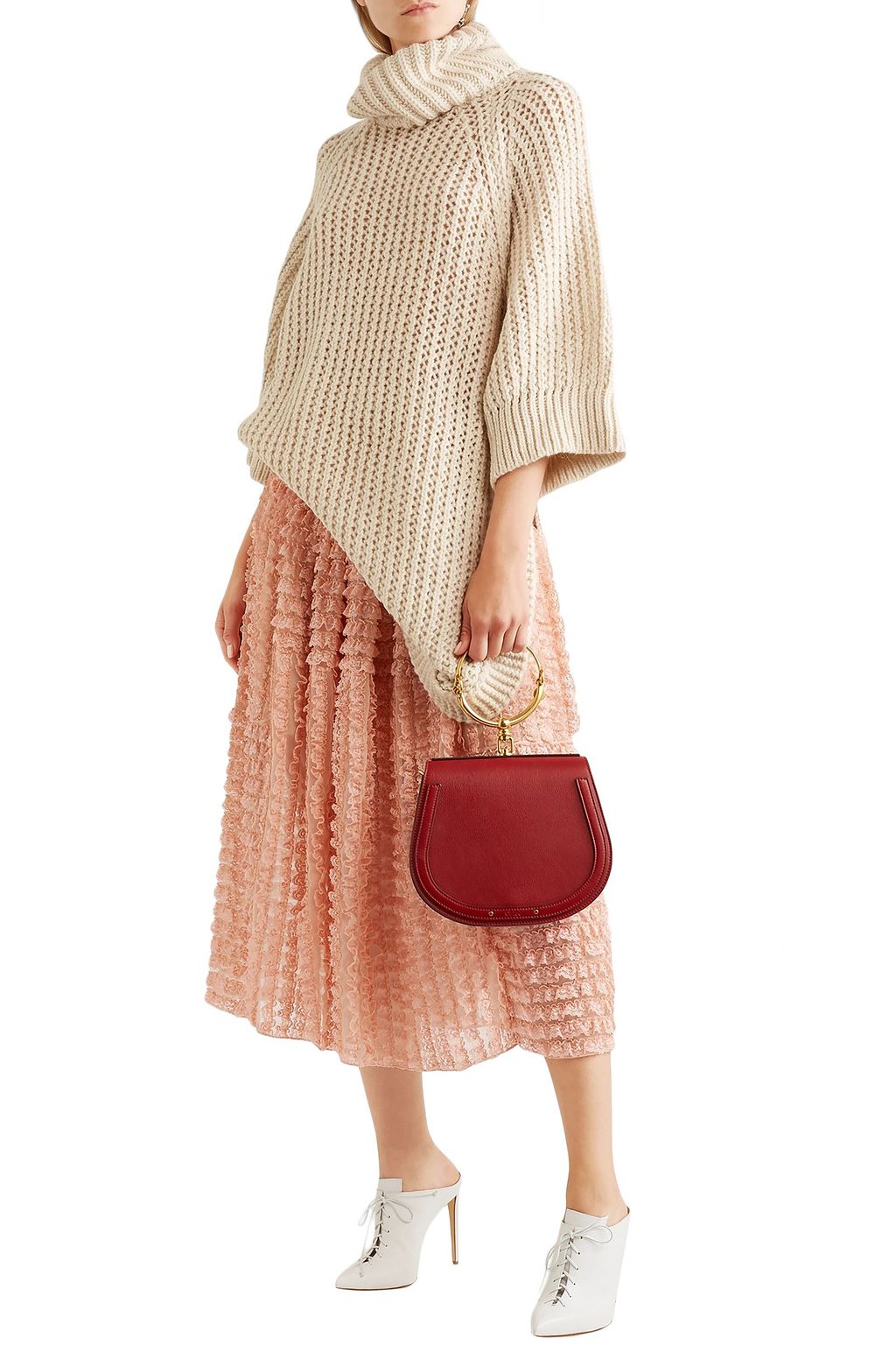 CHLOÉ Ruffled lace-appliquéd silk-organza midi skirt