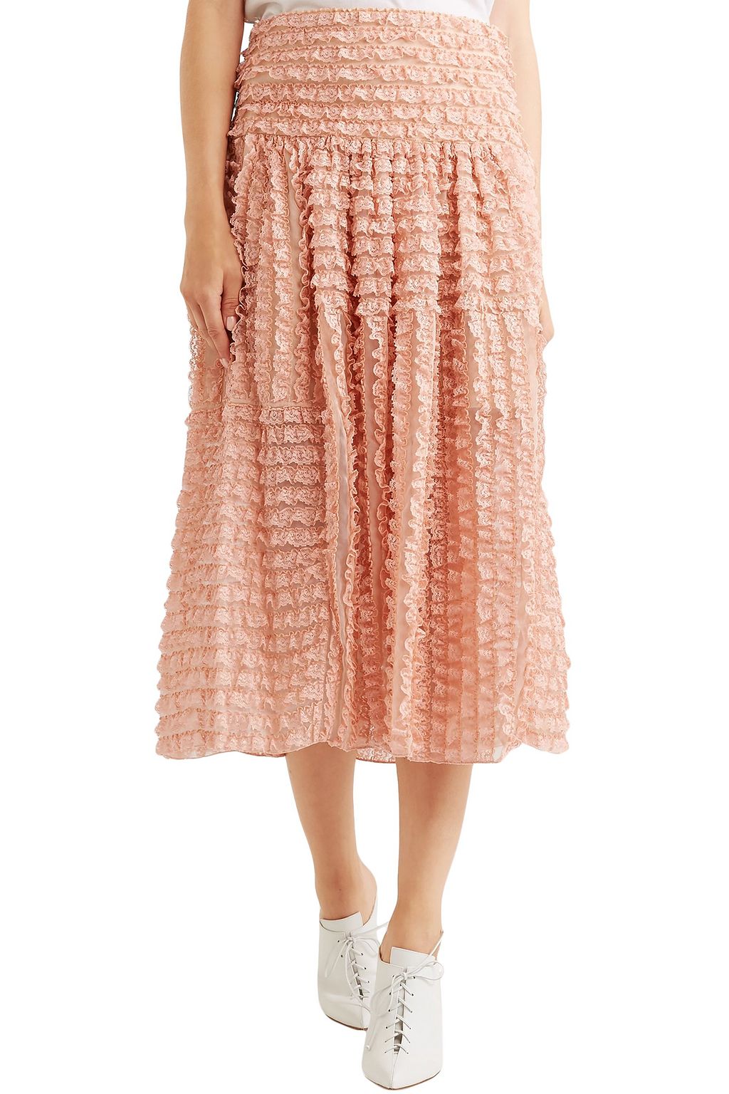 CHLOÉ Ruffled lace-appliquéd silk-organza midi skirt