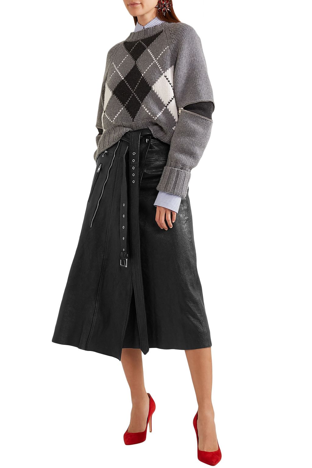 MCQUEEN Zip-embellished textured-leather midi skirt