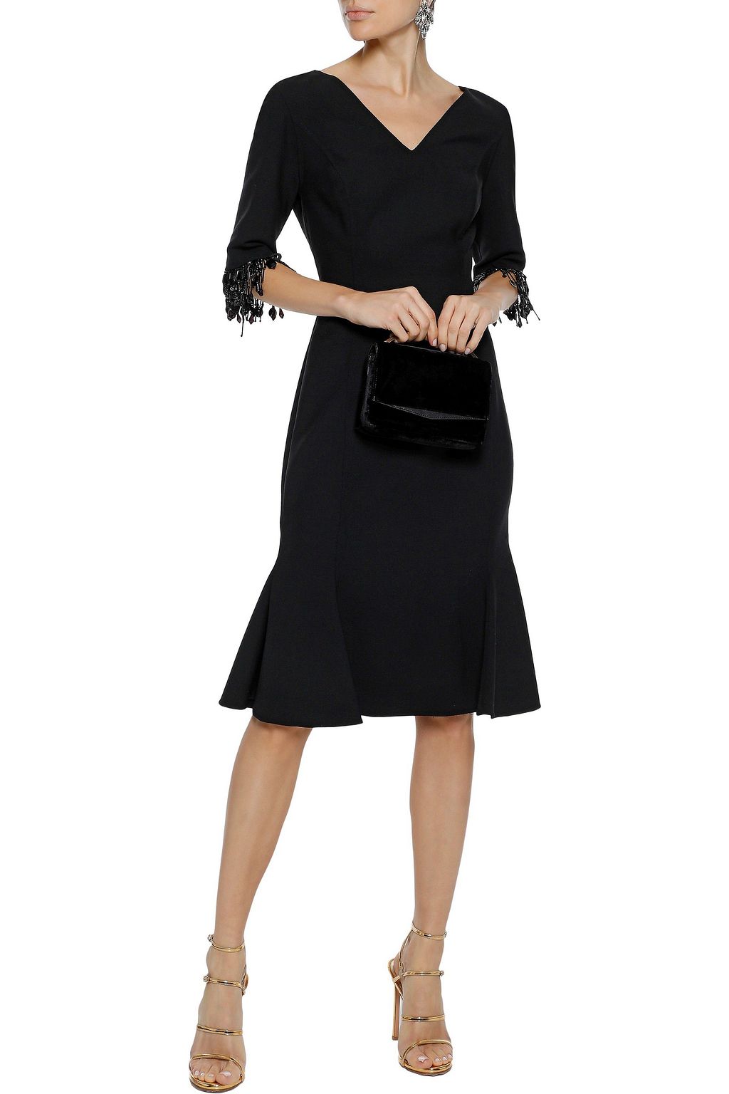 CAROLINA HERRERA Fluted bead-embellished stretch-wool crepe dress