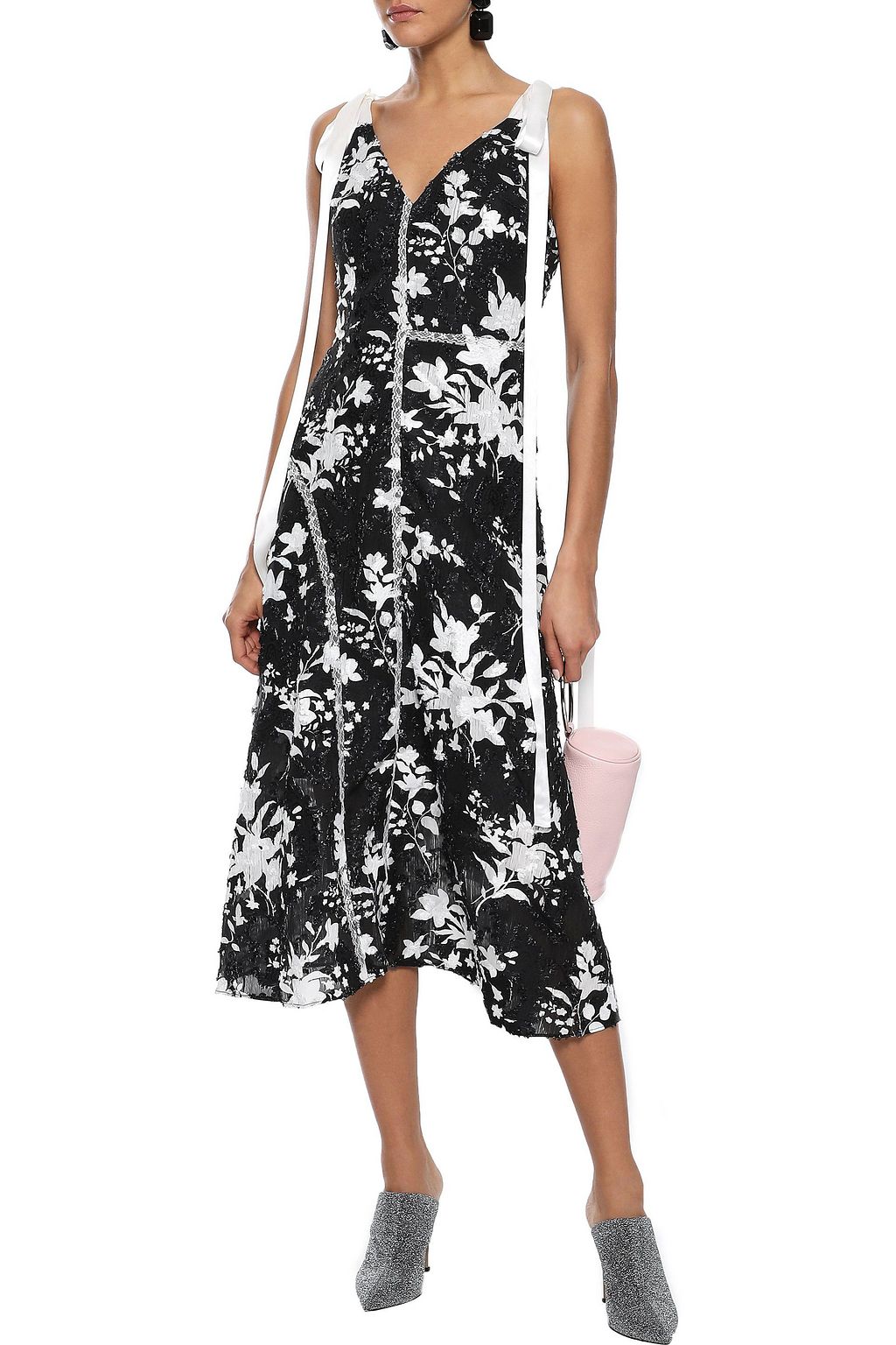 GOEN.J Lace-trimmed floral-print fil coupé georgette midi dress