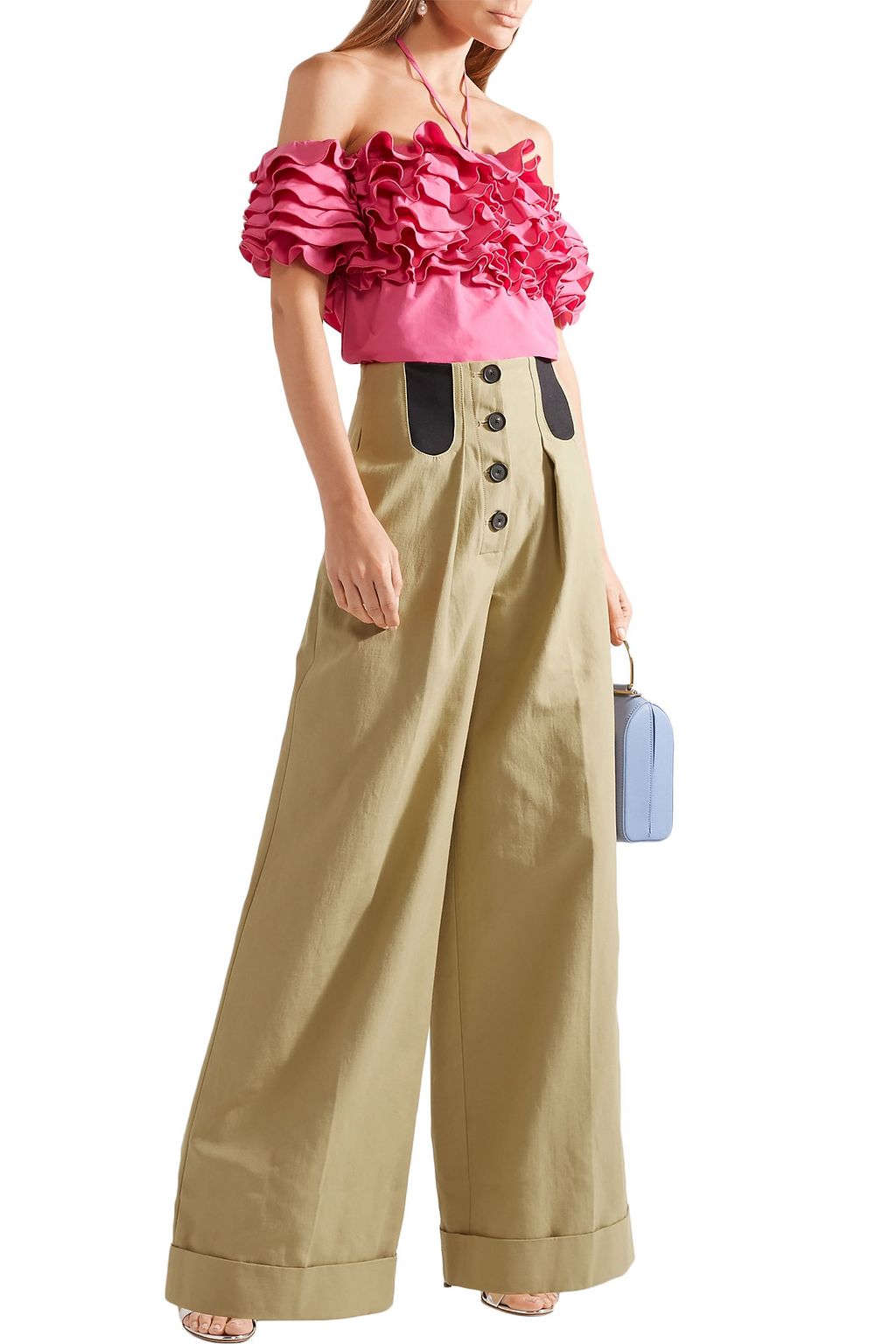 ROSIE ASSOULIN Button-detailed cotton-blend wide-leg pants