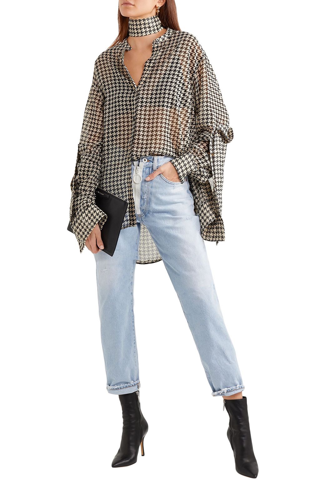 ROKH Tie-detailed houndstooth georgette blouse