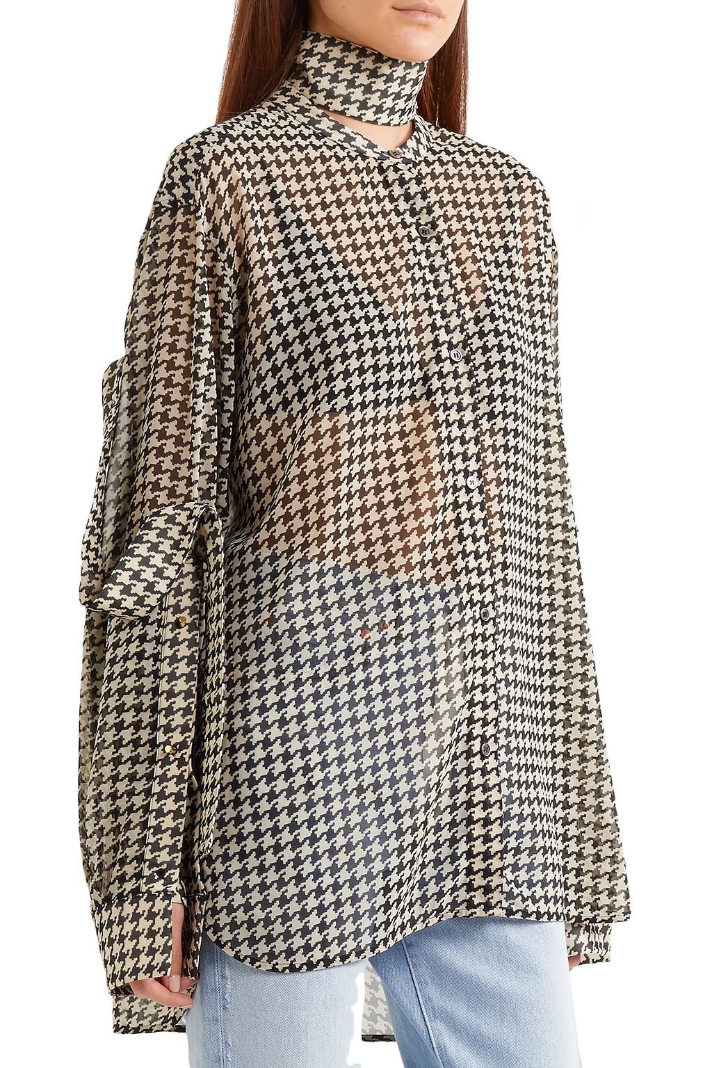 ROKH Tie-detailed houndstooth georgette blouse
