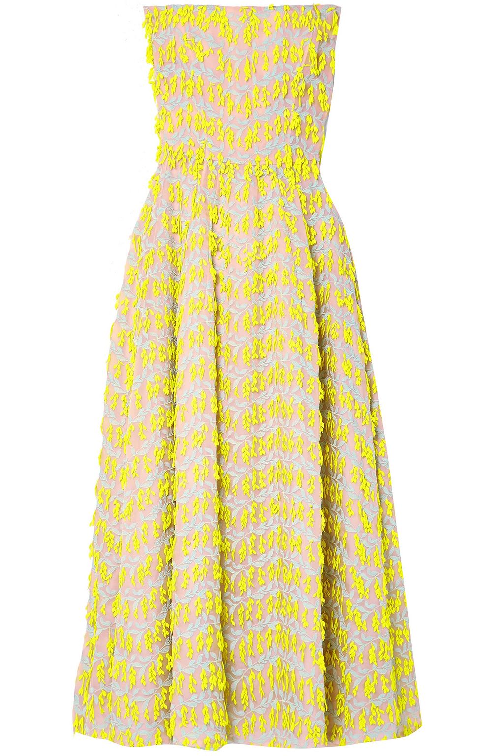 yellow strapless midi dress