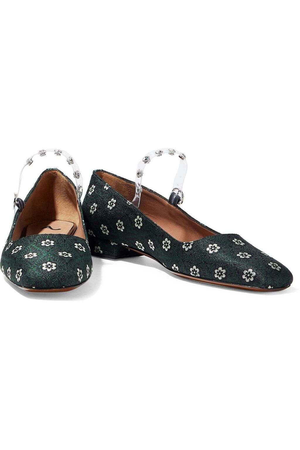 ALEXACHUNG Crystal-embellished PVC-trimmed floral-jacquard Mary Jane flats