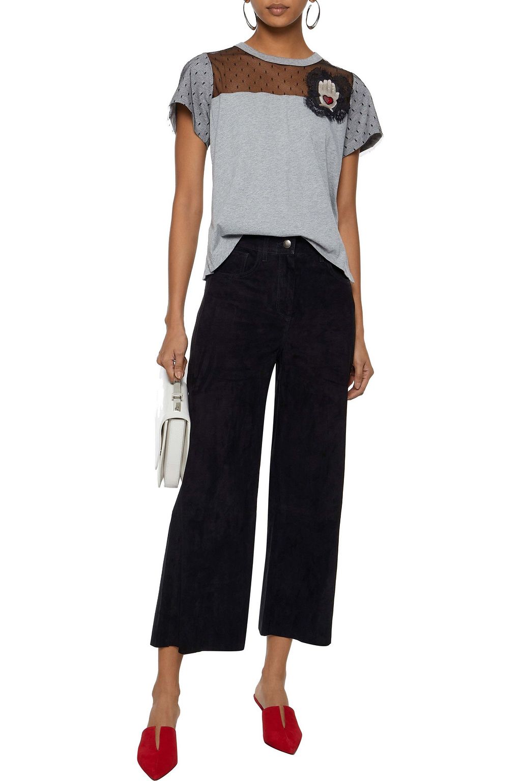 REDVALENTINO Point d'esprit-paneled appliquéd cotton-jersey T-shirt