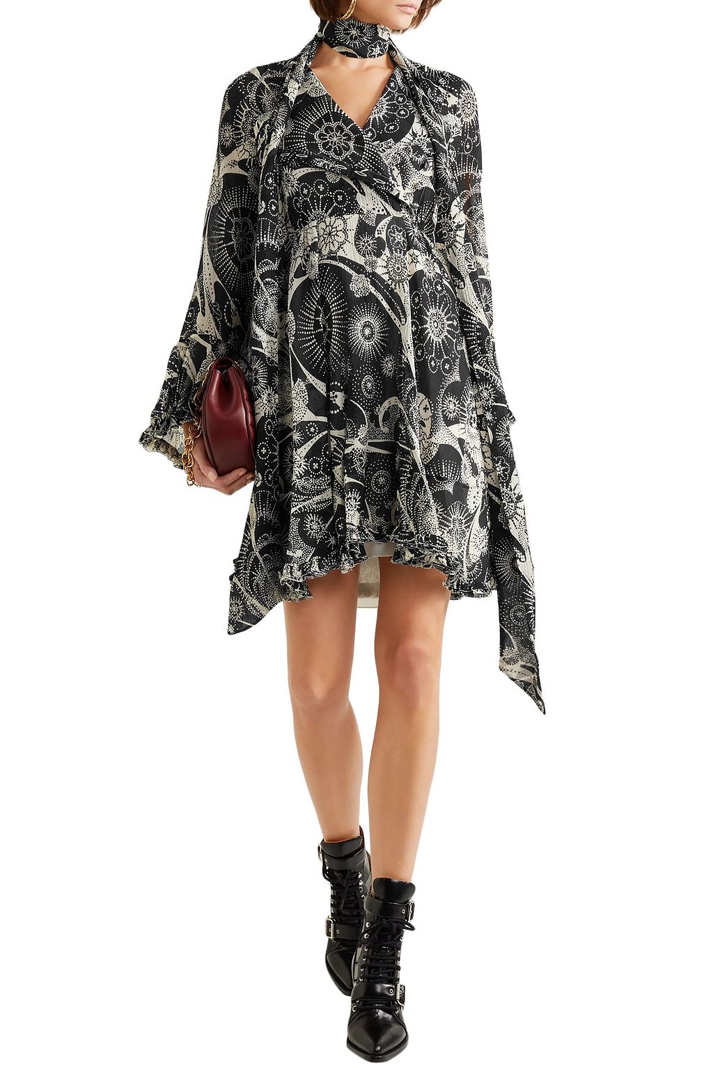 CHLOÉ Printed cotton and silk-blend georgette mini dress