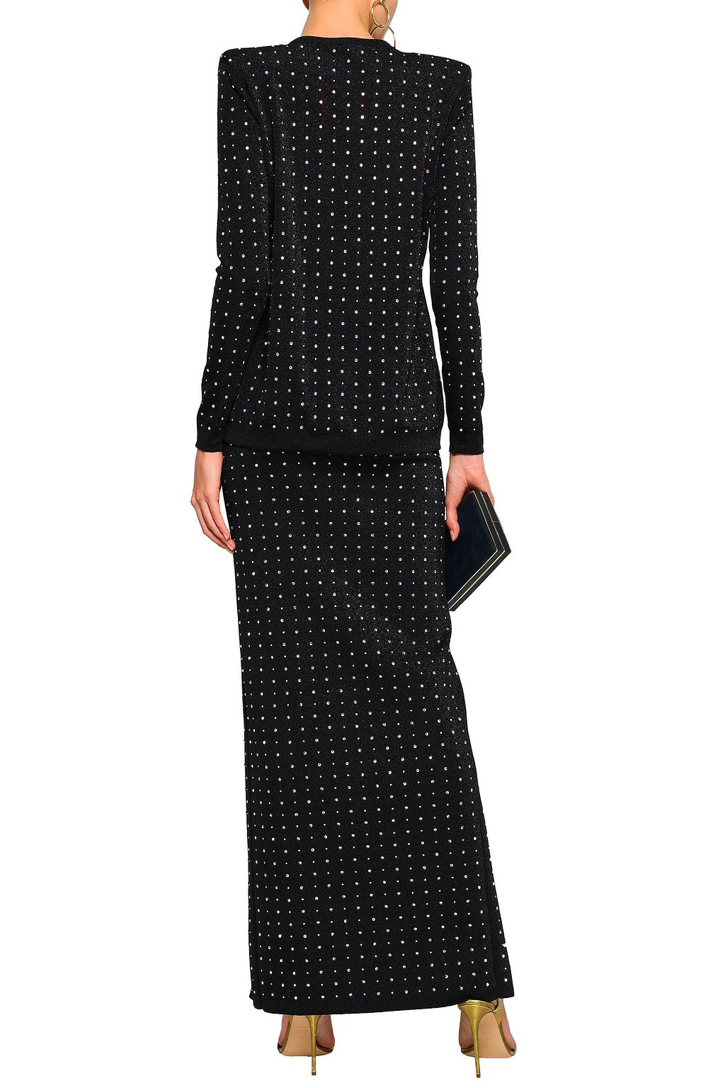 BALMAIN Asymmetric crystal-embellished metallic stretch-knit skirt