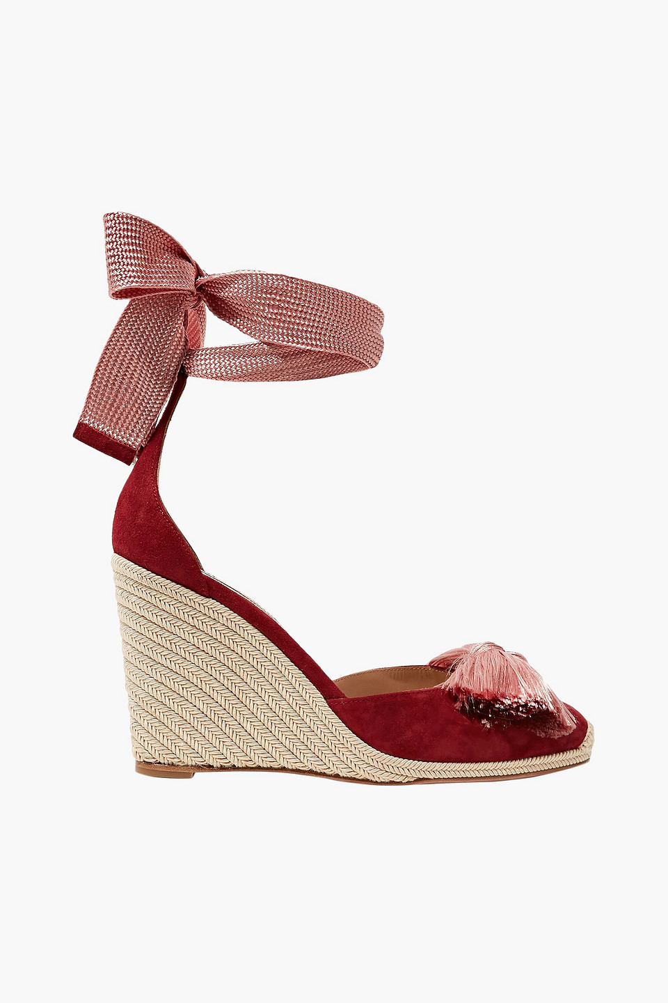 Aquazzura Woman Lotus Blossom Fringed Bow-embellished Suede Wedge Espadrilles Burgundy Size 35