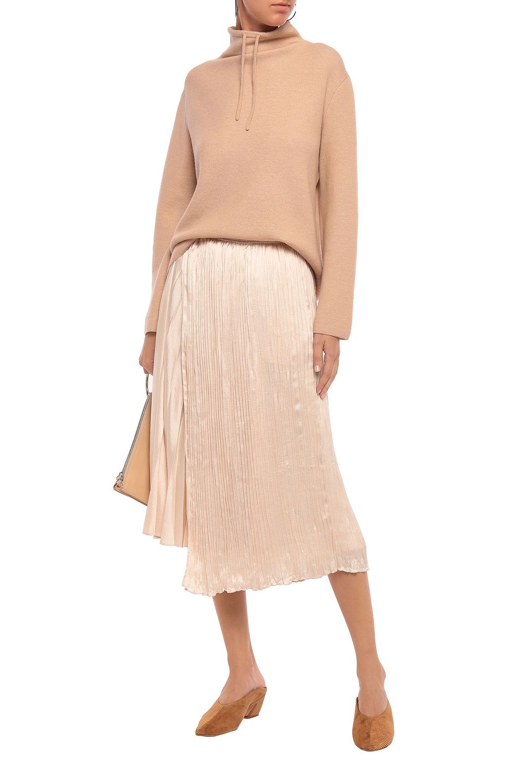 VINCE. Wrap-effect asymmetric pleated satin-crepe midi skirt