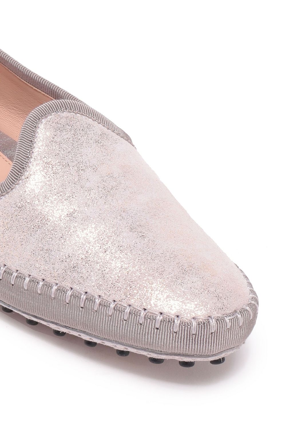 TOD'S Grosgrain-trimmed metallic suede slippers