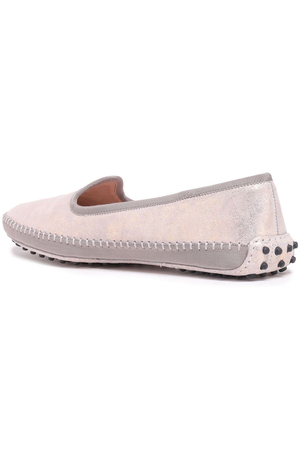 TOD'S Grosgrain-trimmed metallic suede slippers